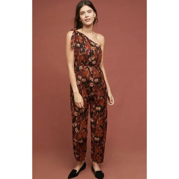 Anthropologie Pants - Maeve Anthropologie Kyoto One Shoulder Metallic Floral Jumpsuit Size‎ 2 Black